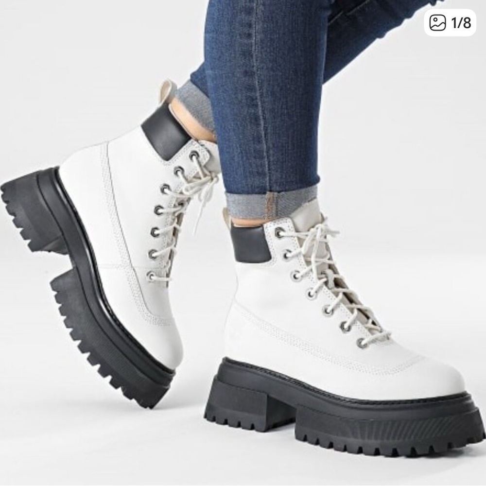 Timberland Sky 6 Inch Lace-up Boots Leather Combat Booties White Size 9 NEW